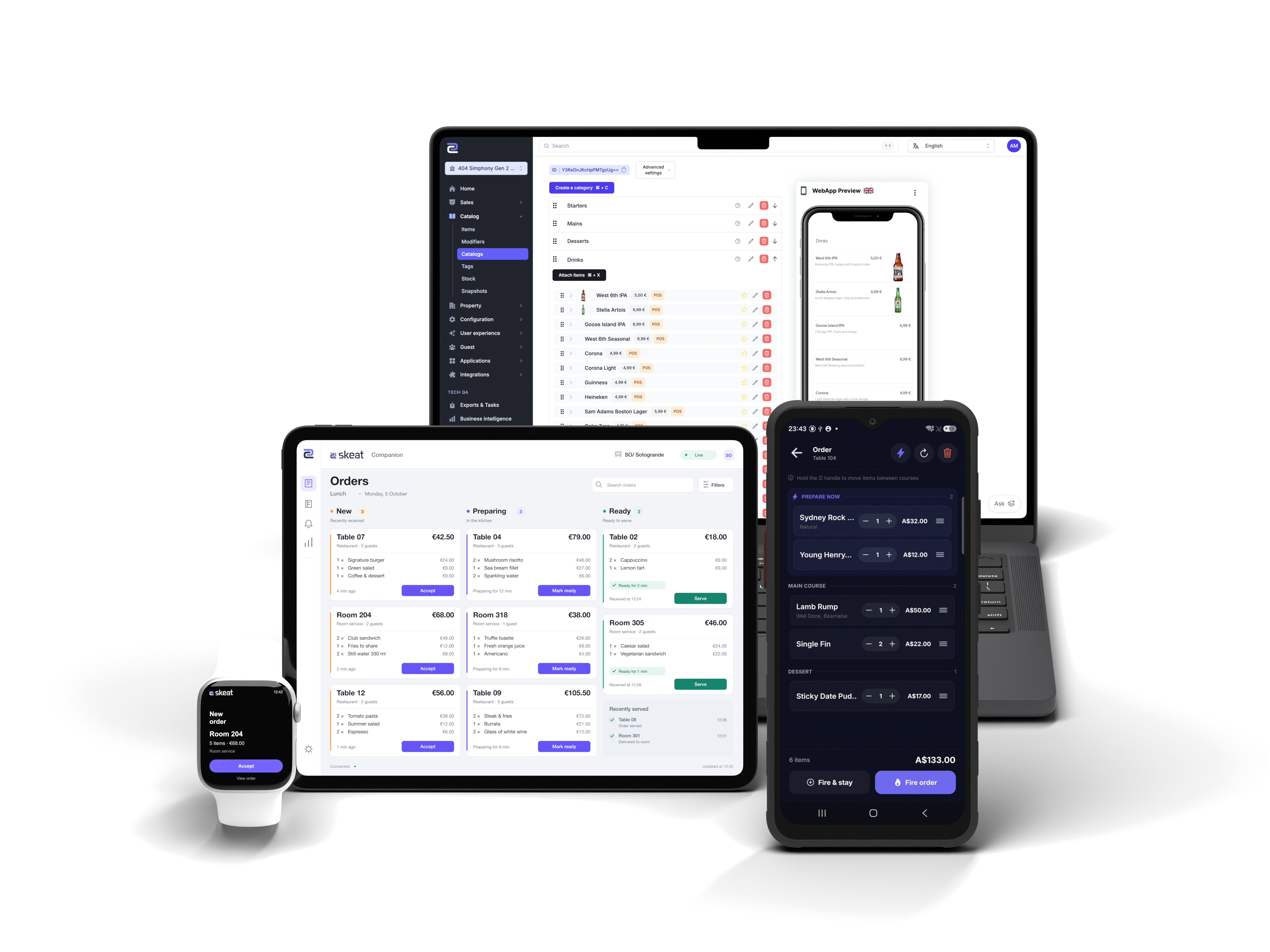 Skeat Console on MacBook, Companion on iPad, Pocket on Samsung and a notification on Apple Watch